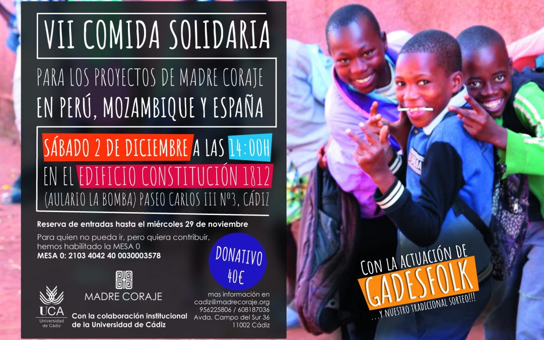 Madre Coraje Cádiz celebra el día 2 su VII Comida Solidaria a beneficio de proyectos educativos y de acceso al agua